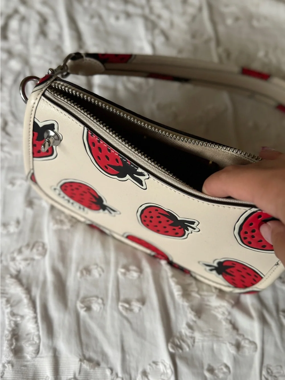 Coach Cream Leather Crossbody with Red Strawberry Print